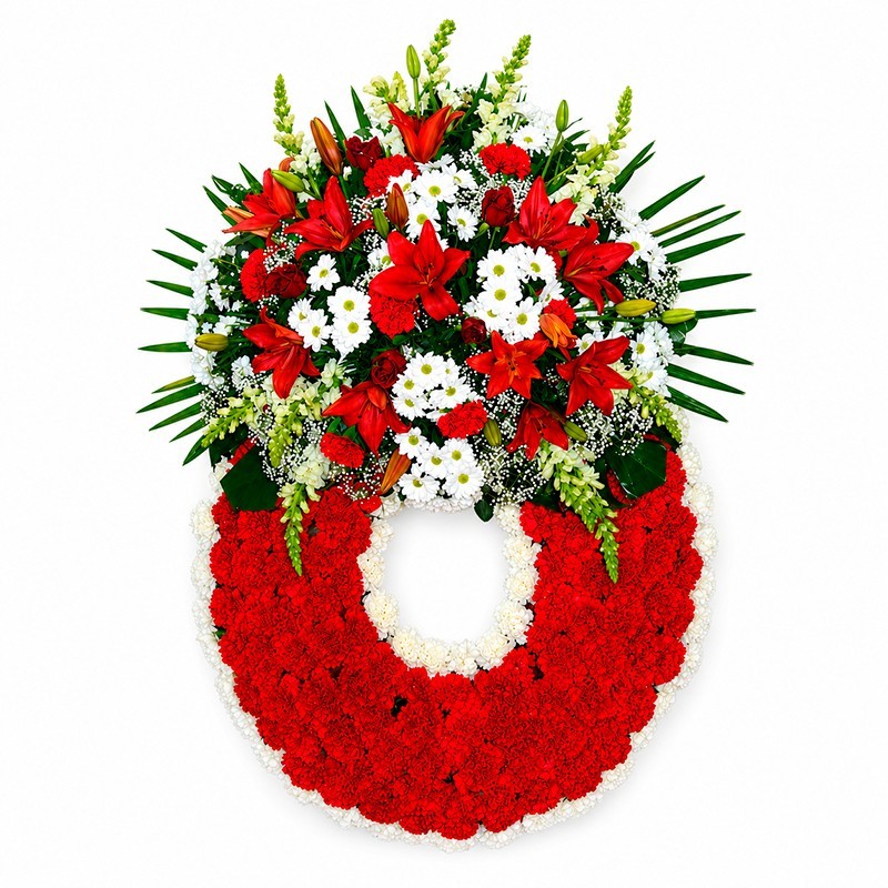 Corona de Flores Rojas con Lilium, Rosas y Claveles "Homenaje" MC-8