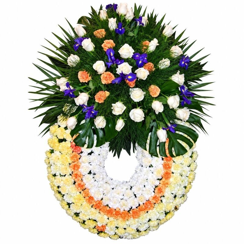 Corona de flores variadas con rosas e iris "Remembranza" MC11
