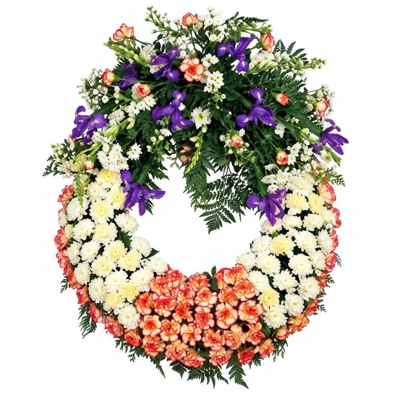 Corona de flores blancas y moradas con gladiolos "Elevación" MC6